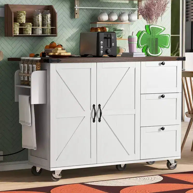 Okak Farmhouse Kitchen Island with Power Outlet, Kitchen Island On Wheels with Internal Storage Rack, Drop Leaf and Spice Rack for Dining Room