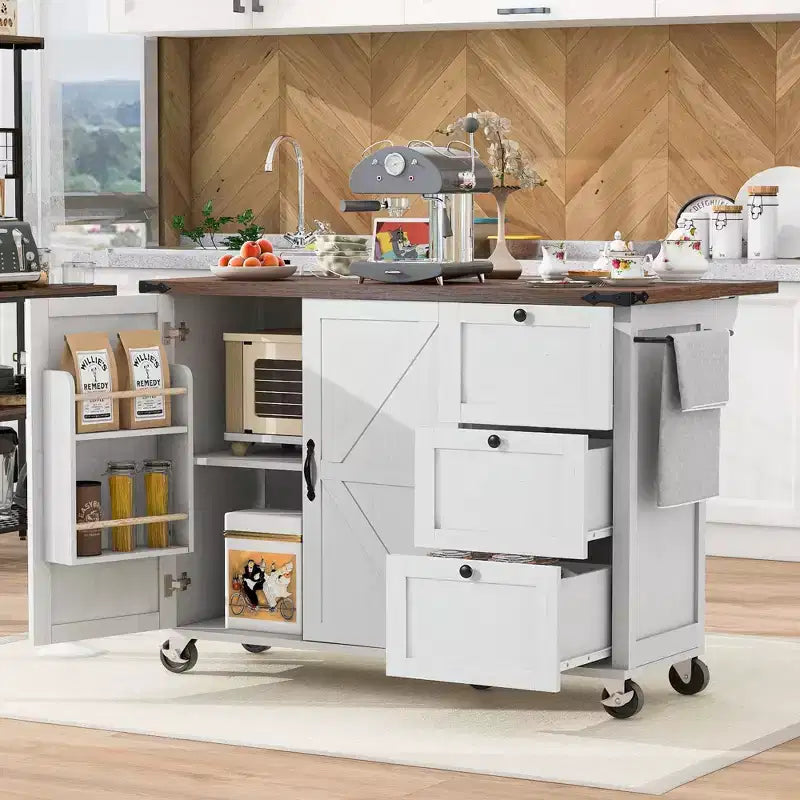 Okak Farmhouse Kitchen Island with Power Outlet, Kitchen Island On Wheels with Internal Storage Rack, Drop Leaf and Spice Rack for Dining Room