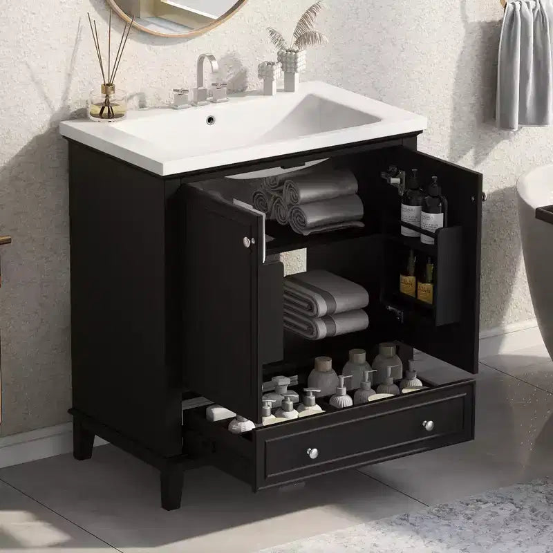 Bathroom Vanity with Single Top Sink, Freestanding Modern Bathroom Storage Cabinet with 2 Doors & 1 Drawer