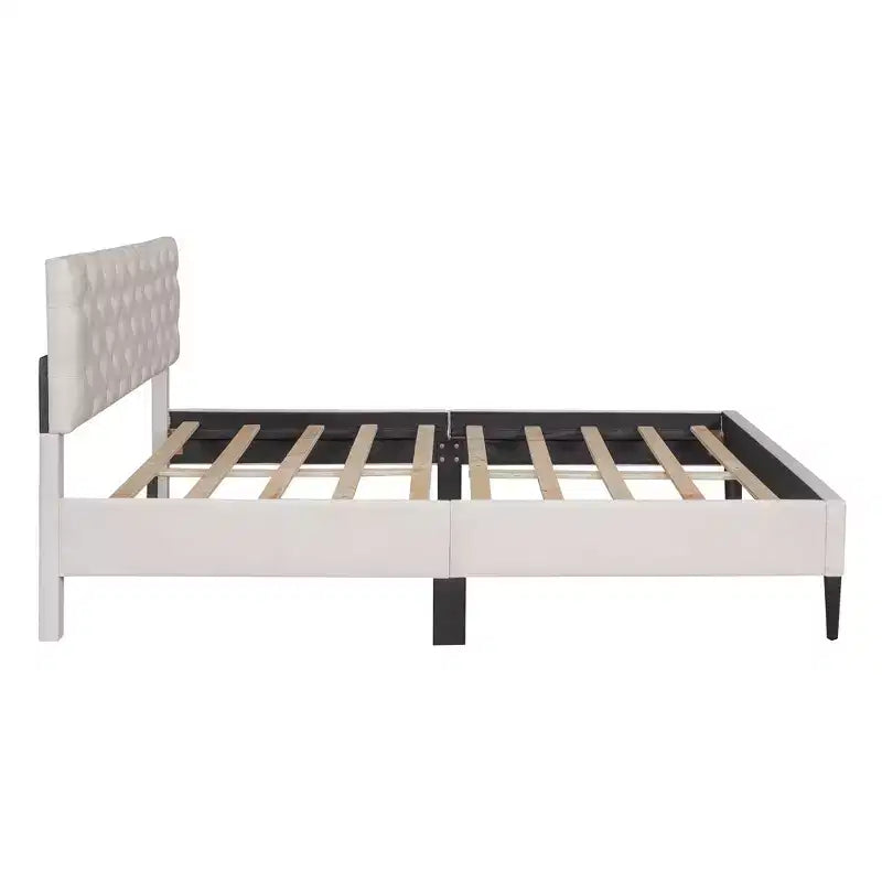 Twin Bed Frame, Upholstered Platform Bed with Button Tufted Headboard, Fabric Bed Frame with Wooden Slats Support, No Box Spring Required, Beige