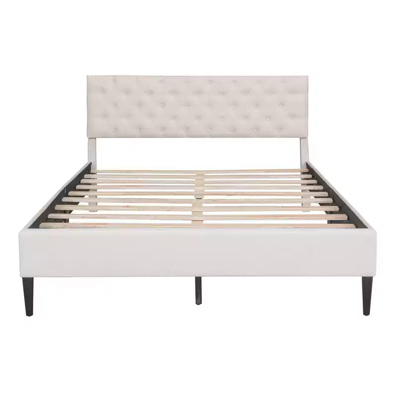 Twin Bed Frame, Upholstered Platform Bed with Button Tufted Headboard, Fabric Bed Frame with Wooden Slats Support, No Box Spring Required, Beige