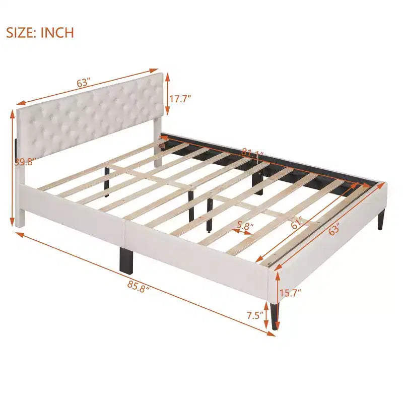 Twin Bed Frame, Upholstered Platform Bed with Button Tufted Headboard, Fabric Bed Frame with Wooden Slats Support, No Box Spring Required, Beige