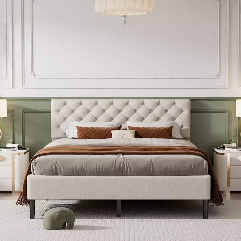 Twin Bed Frame, Upholstered Platform Bed with Button Tufted Headboard, Fabric Bed Frame with Wooden Slats Support, No Box Spring Required, Beige