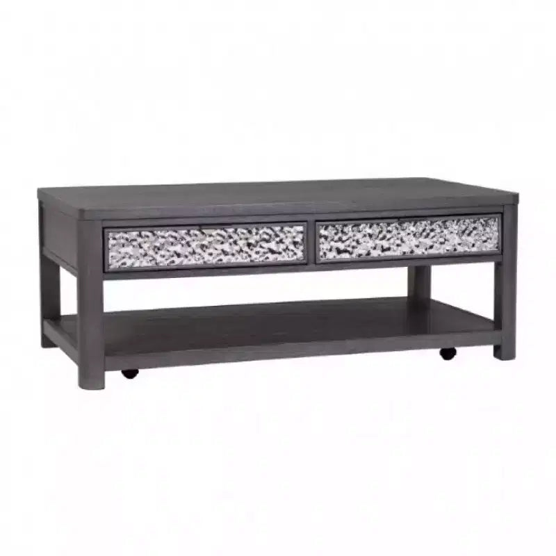 Royal Hampton 48 Inch Coffee Table, Caster Wheels, Drawers, Ash Gray Rubberwood