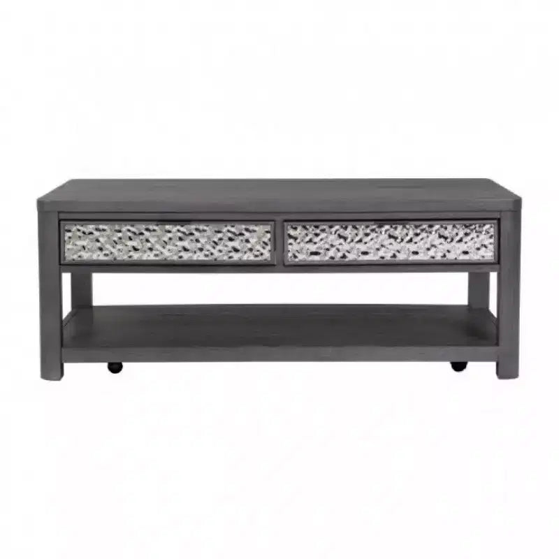 Royal Hampton 48 Inch Coffee Table, Caster Wheels, Drawers, Ash Gray Rubberwood