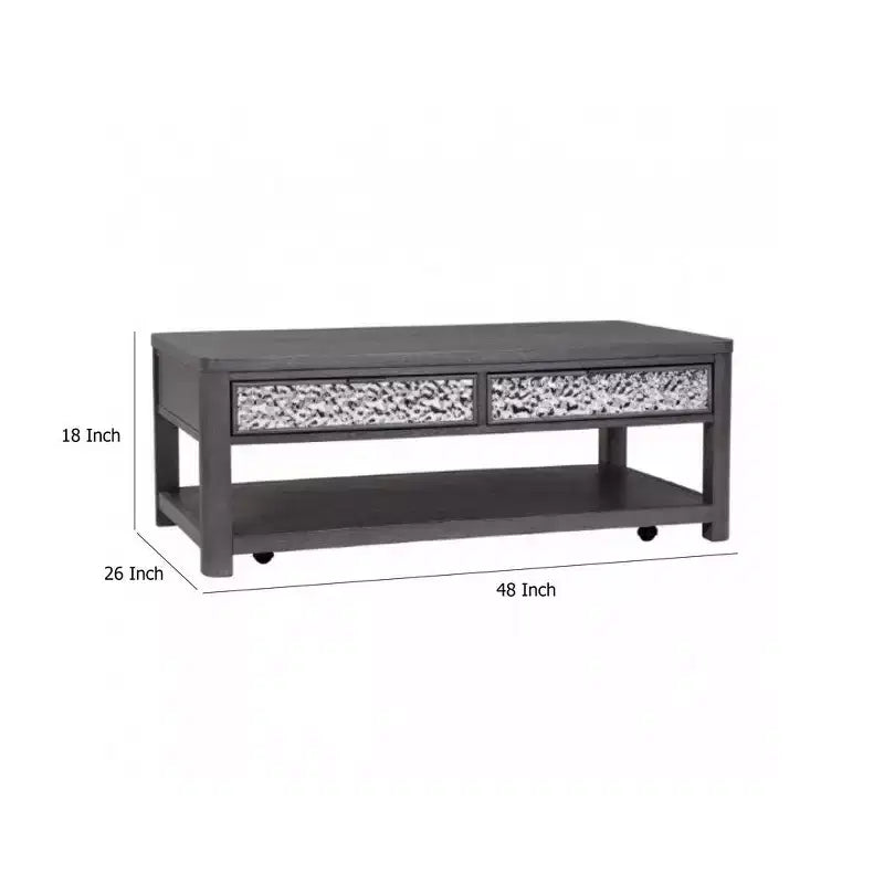 Royal Hampton 48 Inch Coffee Table, Caster Wheels, Drawers, Ash Gray Rubberwood