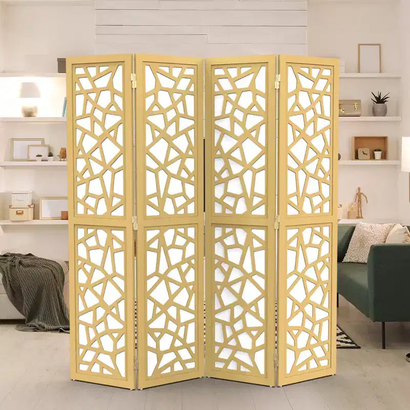 VINGLI 4 Panel Room Divider, Non-Woven Fabric Privacy Screen, Indoor Partition Wall Dividers, Freestanding Space Separator with Unique Pattern (Gold)