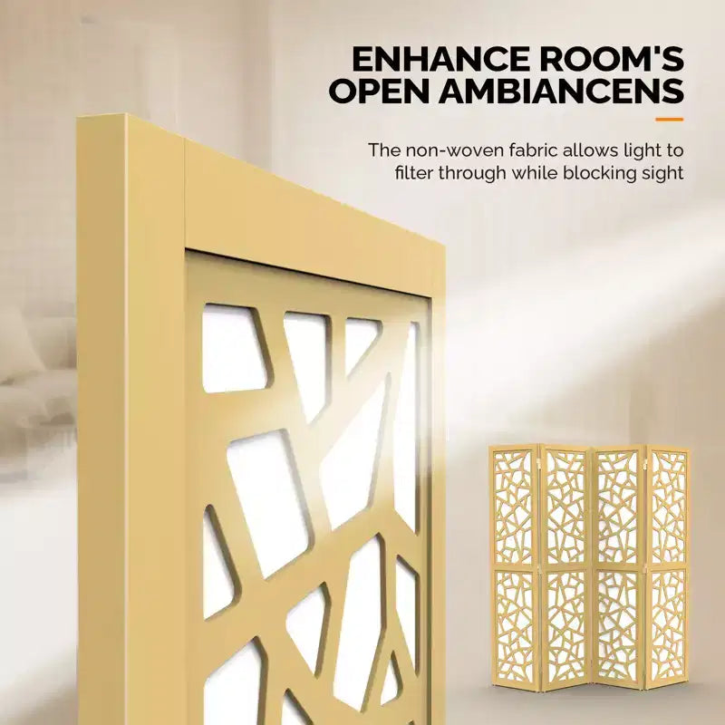 VINGLI 4 Panel Room Divider, Non-Woven Fabric Privacy Screen, Indoor Partition Wall Dividers, Freestanding Space Separator with Unique Pattern (Gold)