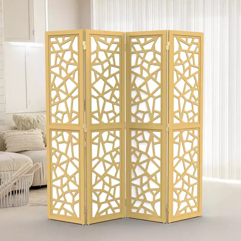 VINGLI 4 Panel Room Divider, Non-Woven Fabric Privacy Screen, Indoor Partition Wall Dividers, Freestanding Space Separator with Unique Pattern (Gold)
