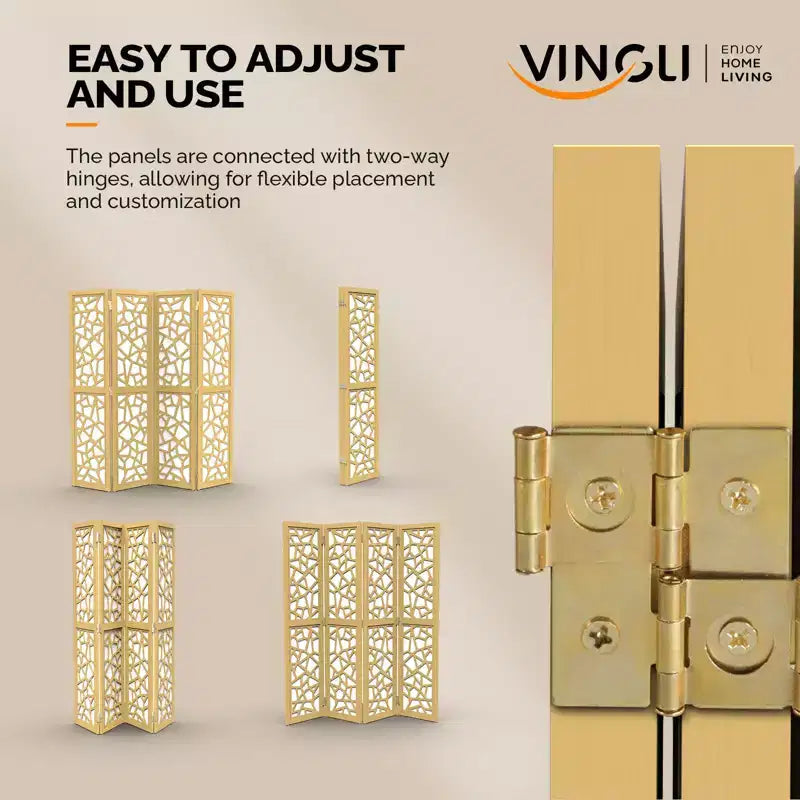VINGLI 4 Panel Room Divider, Non-Woven Fabric Privacy Screen, Indoor Partition Wall Dividers, Freestanding Space Separator with Unique Pattern (Gold)