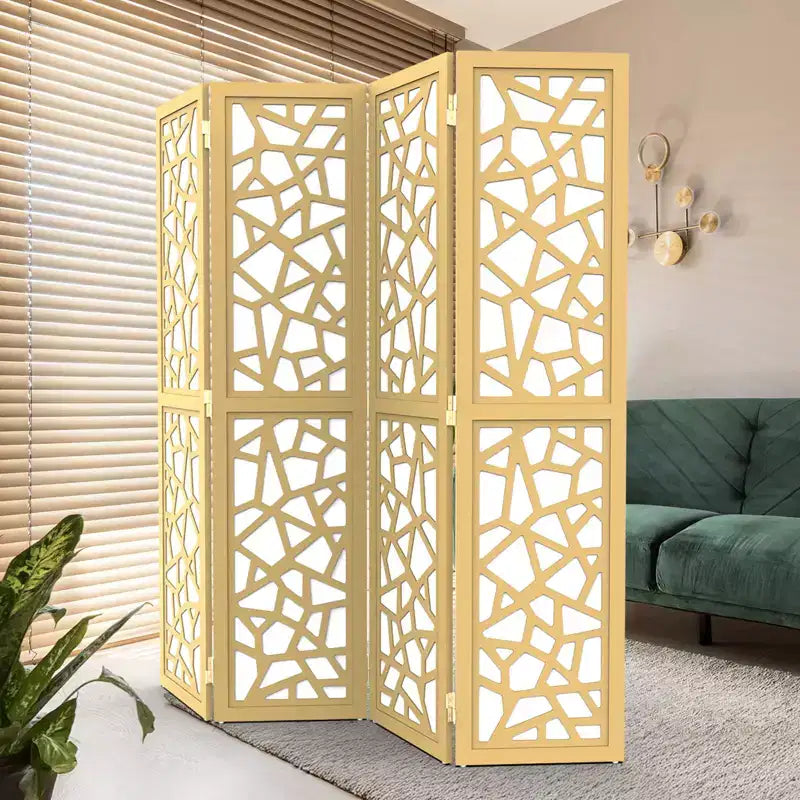 VINGLI 4 Panel Room Divider, Non-Woven Fabric Privacy Screen, Indoor Partition Wall Dividers, Freestanding Space Separator with Unique Pattern (Gold)