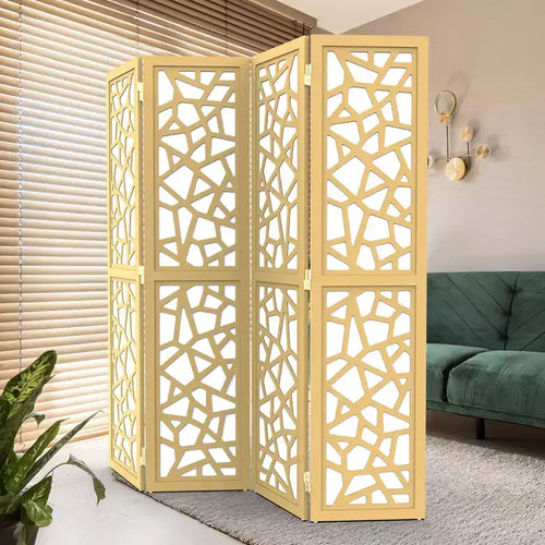 VINGLI 4 Panel Room Divider, Non-Woven Fabric Privacy Screen, Indoor Partition Wall Dividers, Freestanding Space Separator with Unique Pattern (Gold)