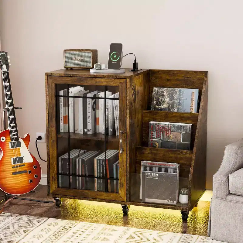 VINGLI Record Player Stand with Vinyl Storage, Vinyl Record Holder Up to 350 Albums, Record Player Table with LEDCharging Station