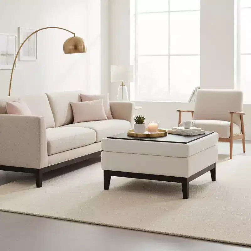 Homy Casa Upholstered Storage Ottoman with Reversible Tray Top, Wood Base Coffee Table for Living Room