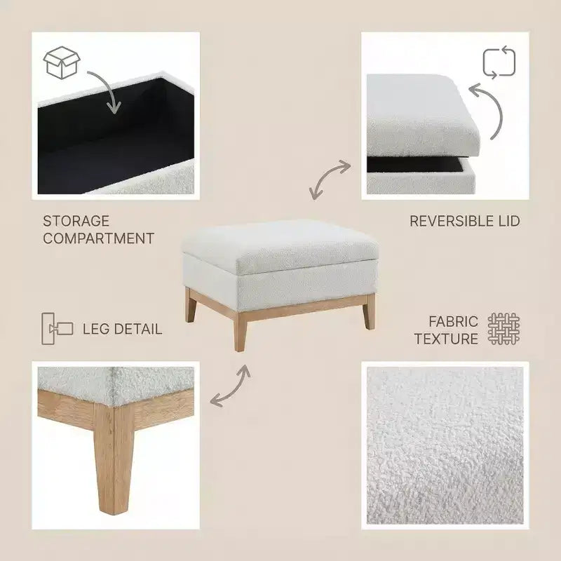 Homy Casa Upholstered Storage Ottoman with Reversible Tray Top, Wood Base Coffee Table for Living Room
