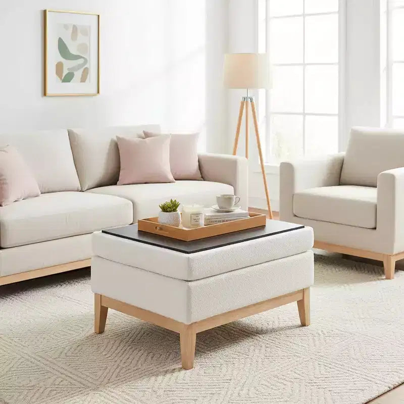 Homy Casa Upholstered Storage Ottoman with Reversible Tray Top, Wood Base Coffee Table for Living Room