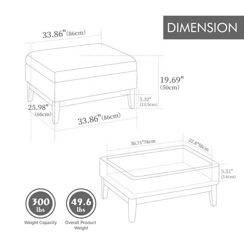 Homy Casa Upholstered Storage Ottoman with Reversible Tray Top, Wood Base Coffee Table for Living Room