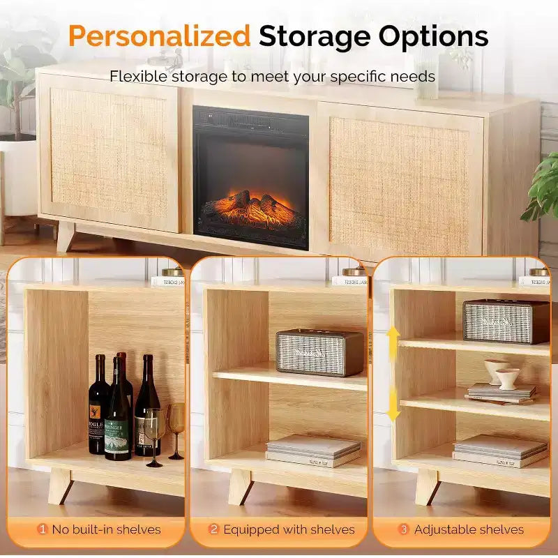 VINGLI Fireplace TV Stand for up to 70 inch TVs, Rattan Entertainment Center with Electric Fireplace Heater & Adjustable Shelves
