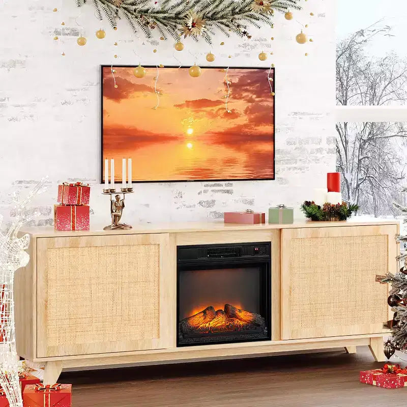 VINGLI Fireplace TV Stand for up to 70 inch TVs, Rattan Entertainment Center with Electric Fireplace Heater & Adjustable Shelves