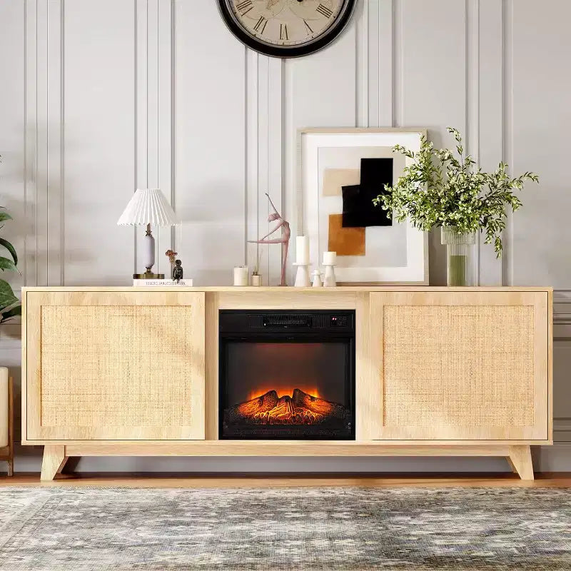 VINGLI Fireplace TV Stand for up to 70 inch TVs, Rattan Entertainment Center with Electric Fireplace Heater & Adjustable Shelves