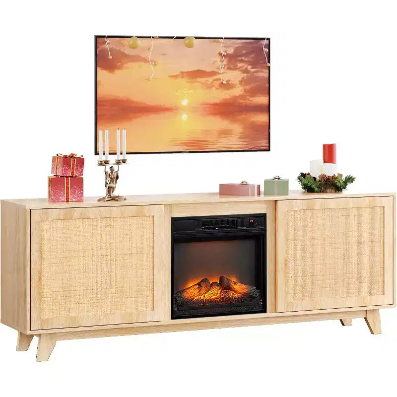 VINGLI Fireplace TV Stand for up to 70 inch TVs, Rattan Entertainment Center with Electric Fireplace Heater & Adjustable Shelves