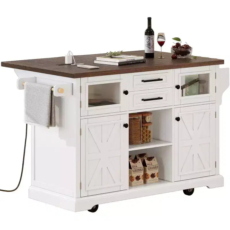 Okak Kitchen Island with Drop Leaf and Power Outlet, Kitchen Cart with 4 Door Shelves and Barn Doors, 4 Wheels Countertop Organizer for Kitchen, White