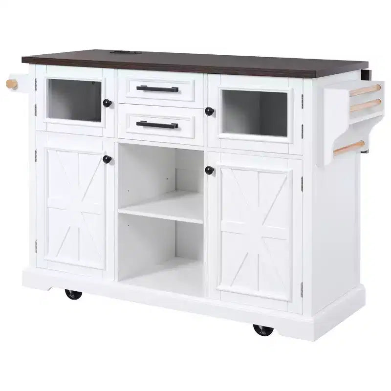 Okak Kitchen Island with Drop Leaf and Power Outlet, Kitchen Cart with 4 Door Shelves and Barn Doors, 4 Wheels Countertop Organizer for Kitchen, White