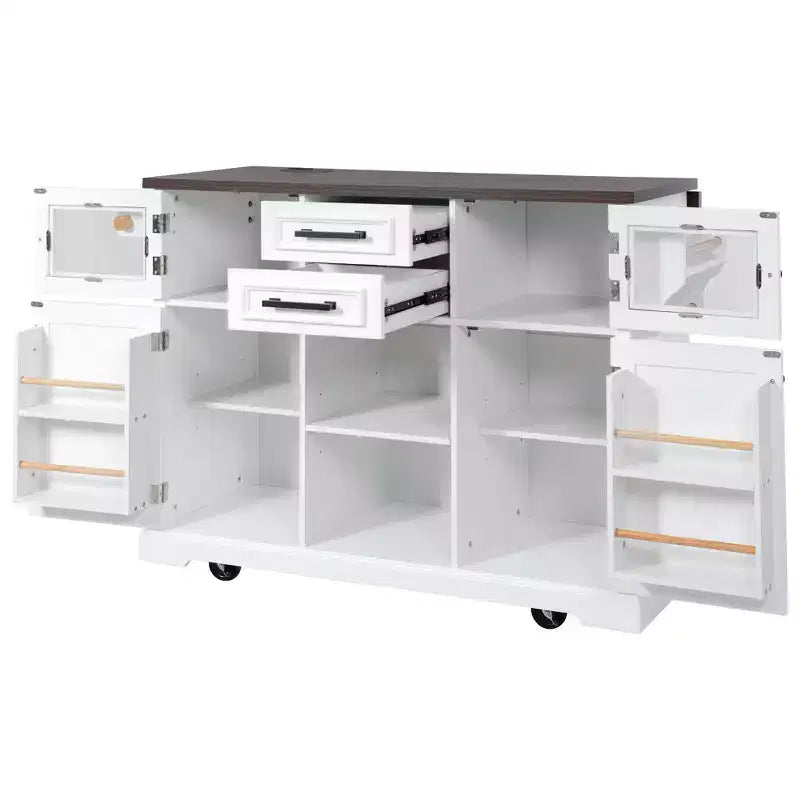 Okak Kitchen Island with Drop Leaf and Power Outlet, Kitchen Cart with 4 Door Shelves and Barn Doors, 4 Wheels Countertop Organizer for Kitchen, White