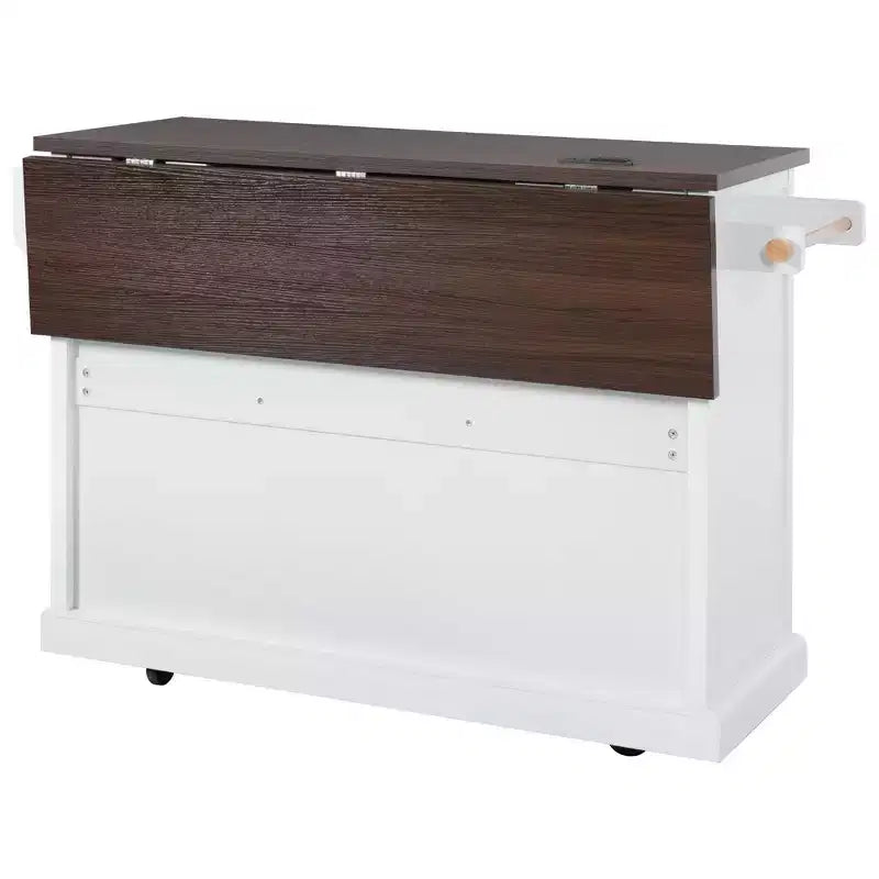 Okak Kitchen Island with Drop Leaf and Power Outlet, Kitchen Cart with 4 Door Shelves and Barn Doors, 4 Wheels Countertop Organizer for Kitchen, White