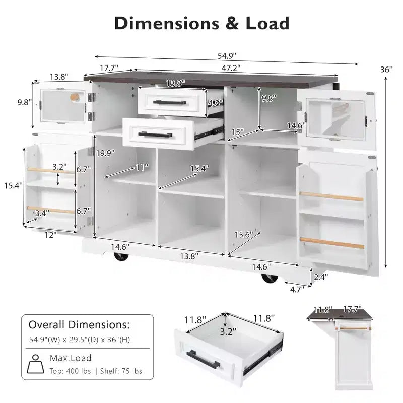 Okak Kitchen Island with Drop Leaf and Power Outlet, Kitchen Cart with 4 Door Shelves and Barn Doors, 4 Wheels Countertop Organizer for Kitchen, White