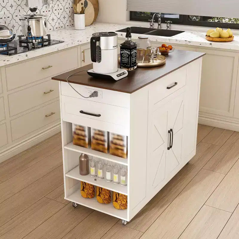 Okak Kitchen Island with Storage and Power Outlet, Kitchen Cart with Wood Top and Adjustable Shelf, Kitchen Island Table for Dining Room, White+Walnut