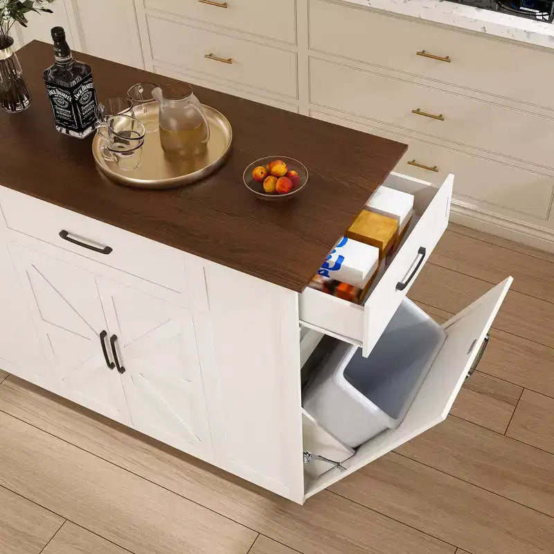 Okak Kitchen Island with Storage and Power Outlet, Kitchen Cart with Wood Top and Adjustable Shelf, Kitchen Island Table for Dining Room, White+Walnut