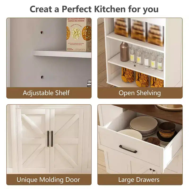 Okak Kitchen Island with Storage and Power Outlet, Kitchen Cart with Wood Top and Adjustable Shelf, Kitchen Island Table for Dining Room, White+Walnut