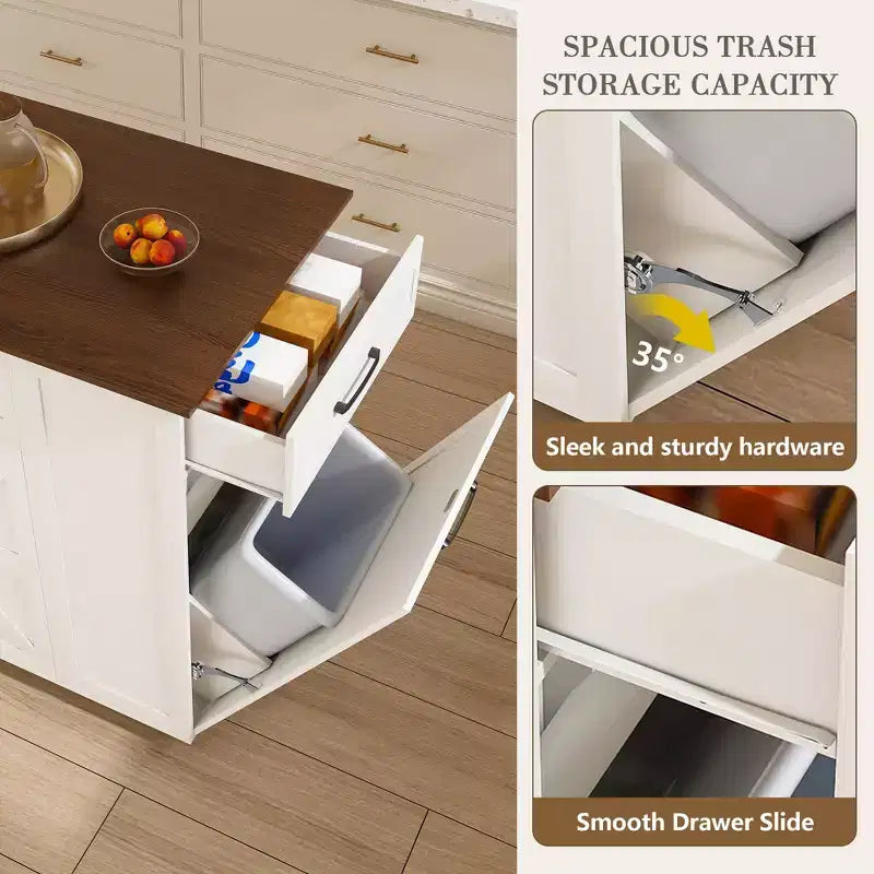 Okak Kitchen Island with Storage and Power Outlet, Kitchen Cart with Wood Top and Adjustable Shelf, Kitchen Island Table for Dining Room, White+Walnut