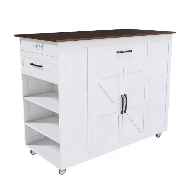 Okak Kitchen Island with Storage and Power Outlet, Kitchen Cart with Wood Top and Adjustable Shelf, Kitchen Island Table for Dining Room, White+Walnut