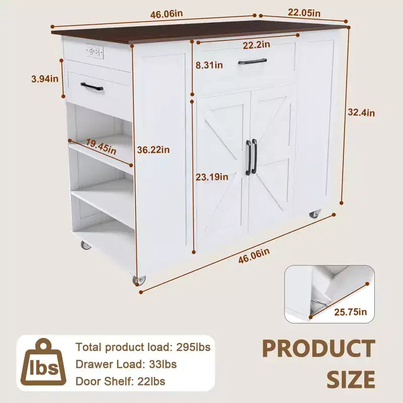 Okak Kitchen Island with Storage and Power Outlet, Kitchen Cart with Wood Top and Adjustable Shelf, Kitchen Island Table for Dining Room, White+Walnut