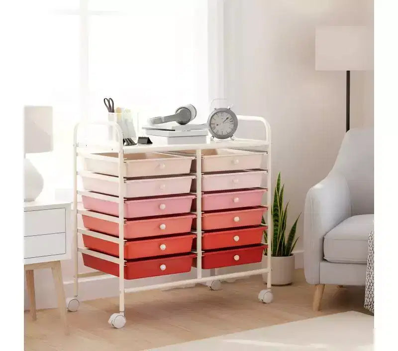 Gymax 12-Drawer Mobile Storage Cart Rolling Paper Organizer Trolley on Wheels Tabletop & Removable Storage Drawers Multipurpose Art Craft Tools Cart