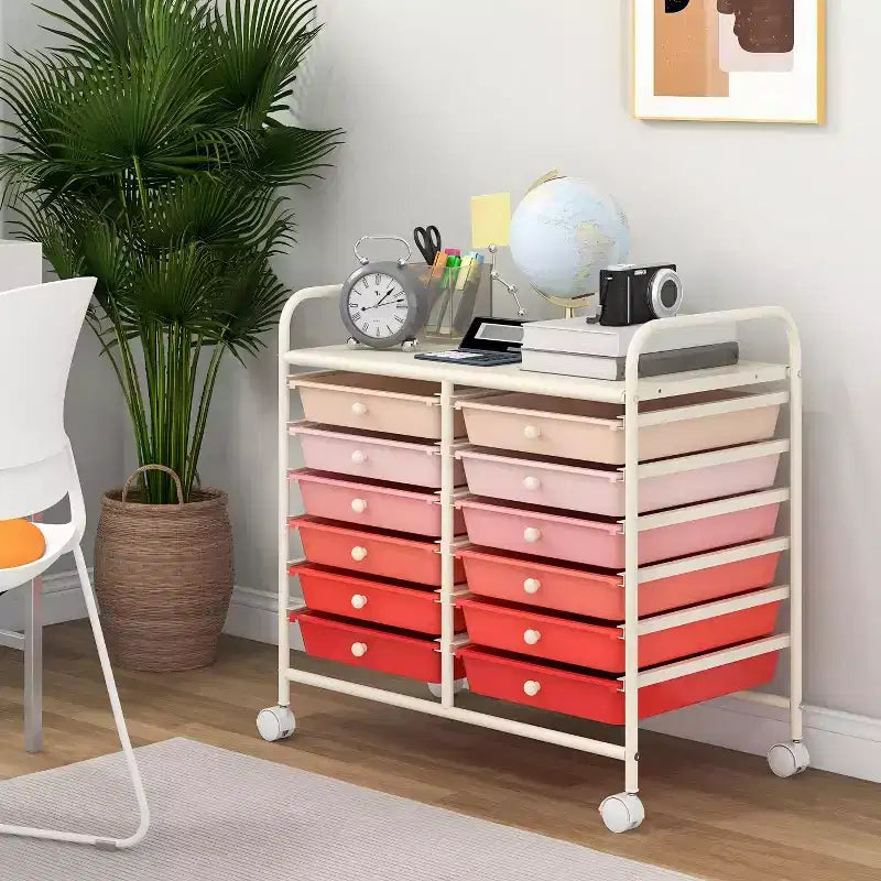 Gymax 12-Drawer Mobile Storage Cart Rolling Paper Organizer Trolley on Wheels Tabletop & Removable Storage Drawers Multipurpose Art Craft Tools Cart