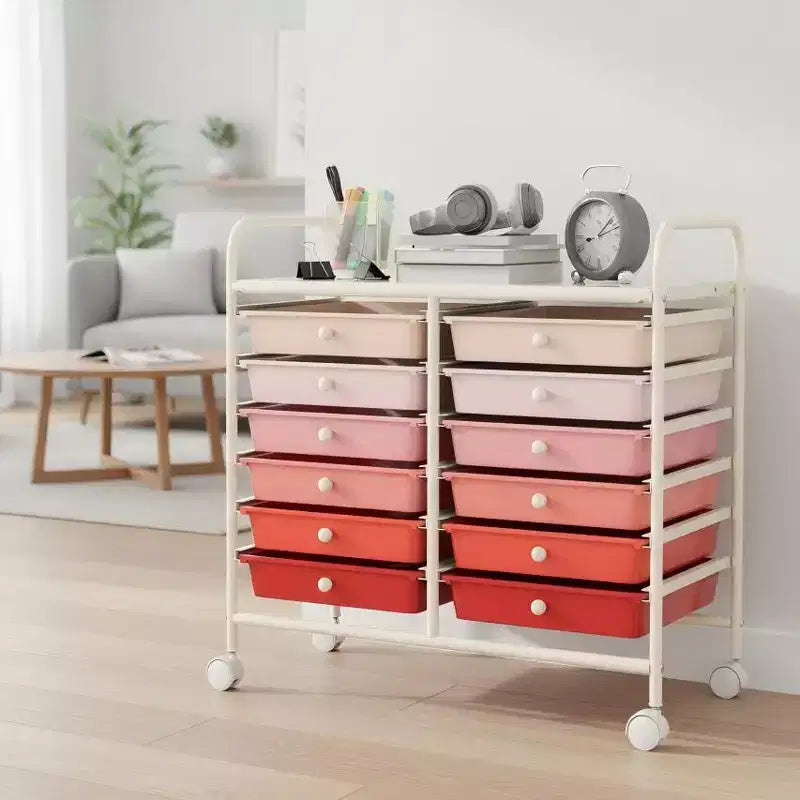 Gymax 12-Drawer Mobile Storage Cart Rolling Paper Organizer Trolley on Wheels Tabletop & Removable Storage Drawers Multipurpose Art Craft Tools Cart
