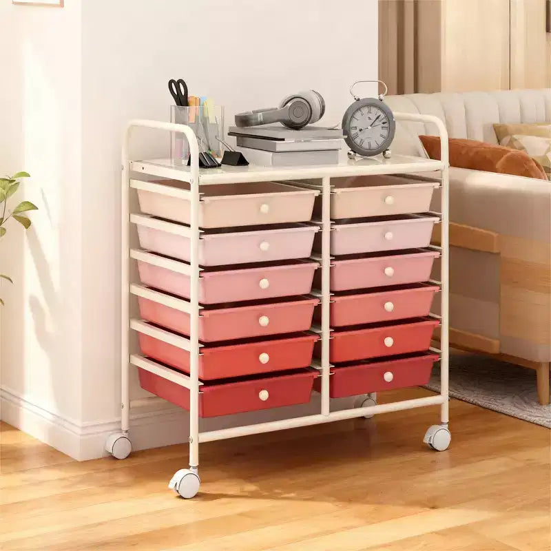 Gymax 12-Drawer Mobile Storage Cart Rolling Paper Organizer Trolley on Wheels Tabletop & Removable Storage Drawers Multipurpose Art Craft Tools Cart