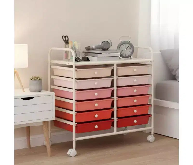 Gymax 12-Drawer Mobile Storage Cart Rolling Paper Organizer Trolley on Wheels Tabletop & Removable Storage Drawers Multipurpose Art Craft Tools Cart