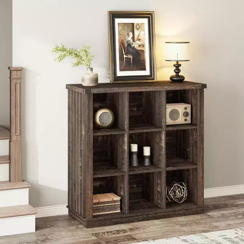 Acekool Bookcase 9-Cube Low Storage Bookcase, 37.4 W x 13.8 D x 37.4 H, Enclosed Back, Easy-Clean, Entryway & Living Room