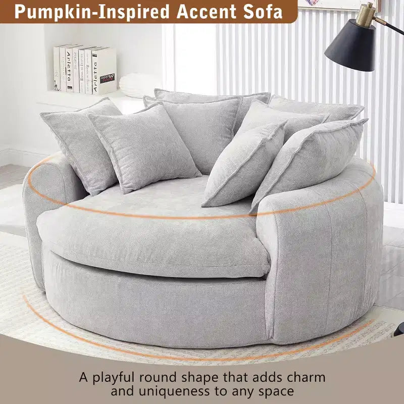59.8W Round Chaise Lounge Sofa, Chenille Accent Chair Boneless Loaf Sofa Couch with 8 Throw Pillows - ModernLuxe