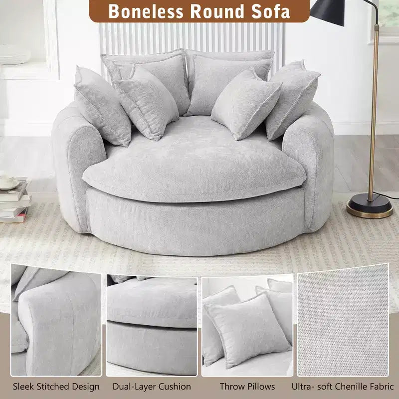 59.8W Round Chaise Lounge Sofa, Chenille Accent Chair Boneless Loaf Sofa Couch with 8 Throw Pillows - ModernLuxe