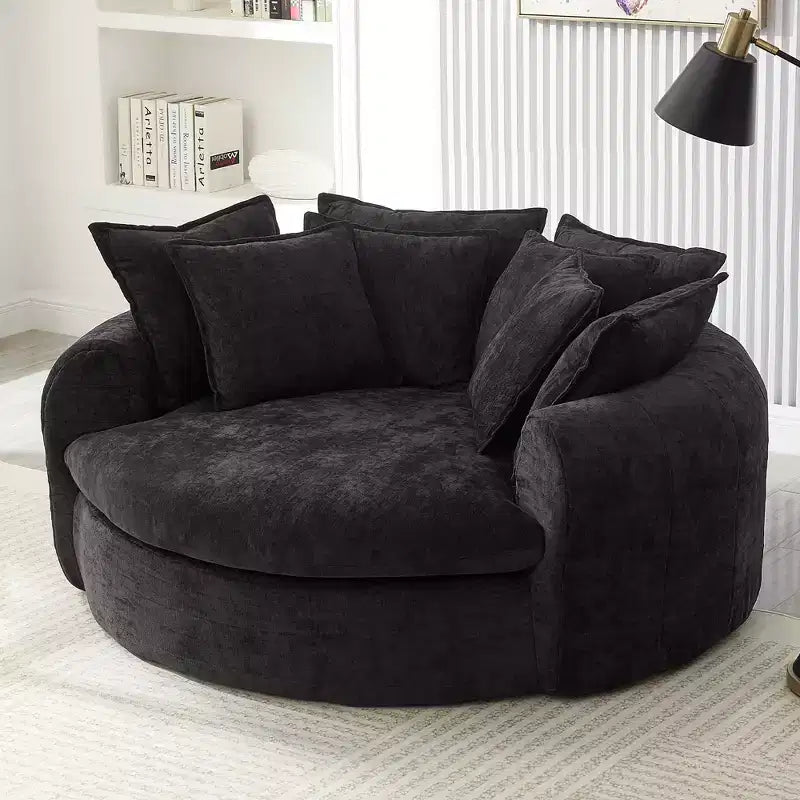 59.8W Round Chaise Lounge Sofa, Chenille Accent Chair Boneless Loaf Sofa Couch with 8 Throw Pillows - ModernLuxe