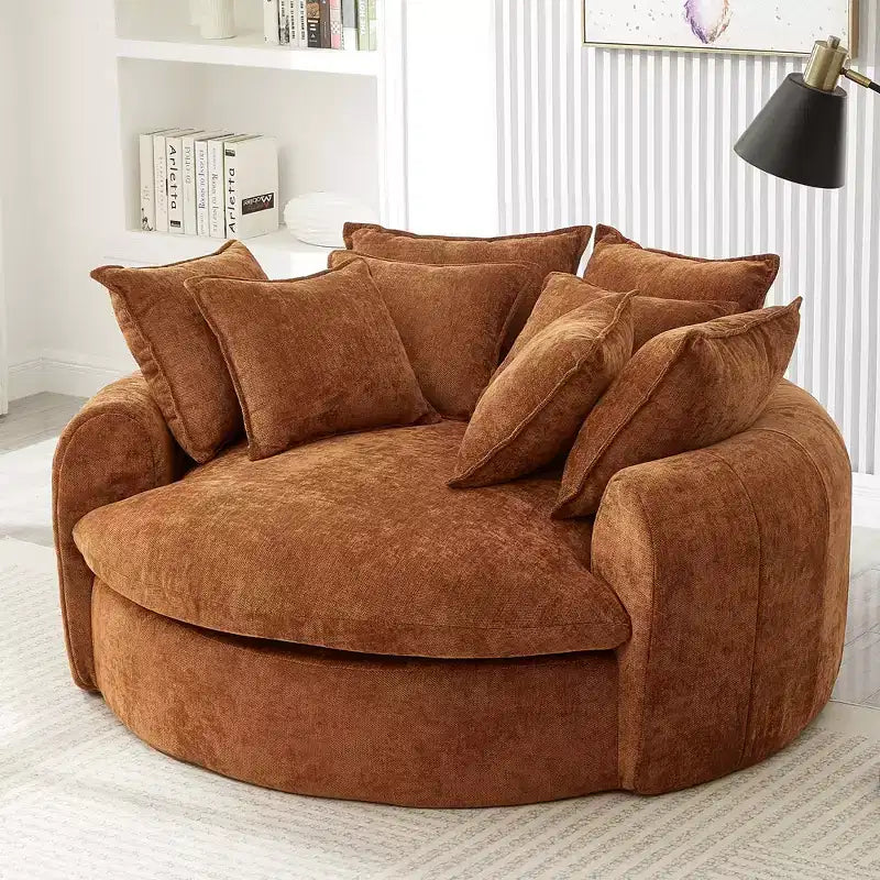 59.8W Round Chaise Lounge Sofa, Chenille Accent Chair Boneless Loaf Sofa Couch with 8 Throw Pillows - ModernLuxe