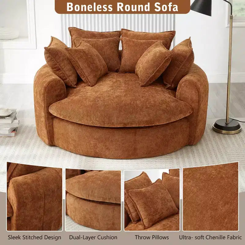 59.8W Round Chaise Lounge Sofa, Chenille Accent Chair Boneless Loaf Sofa Couch with 8 Throw Pillows - ModernLuxe