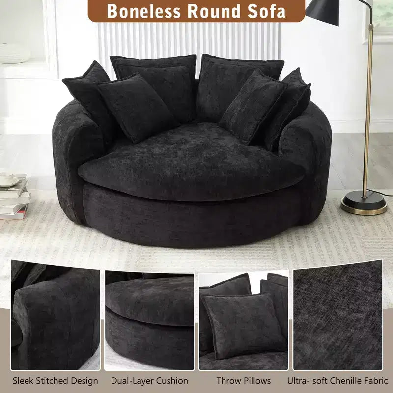 59.8W Round Chaise Lounge Sofa, Chenille Accent Chair Boneless Loaf Sofa Couch with 8 Throw Pillows - ModernLuxe