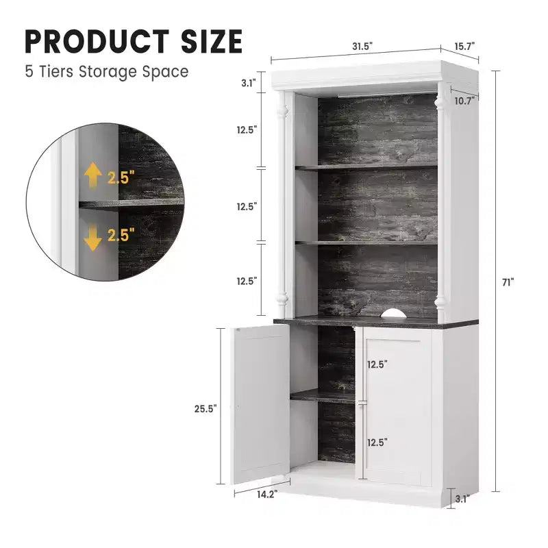 GustoWave 71 5-Tier Open Bookcase, Tall Roman Column Bookshelf with LED Lights, White & Black Wood Grain, Adjustable Shelves