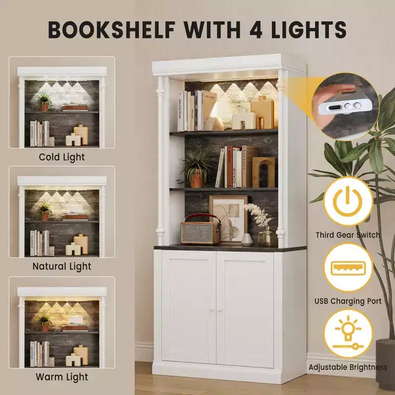 GustoWave 71 5-Tier Open Bookcase, Tall Roman Column Bookshelf with LED Lights, White & Black Wood Grain, Adjustable Shelves